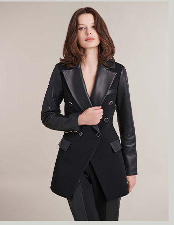 Black Viscose Blazer With Leather Lapel & Double Breasted Buttons