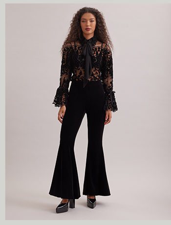 Black High-Waisted Velvet Flare Trousers