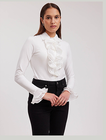 White Long Sleeve Shirt with Ruffled Front & Sleeves