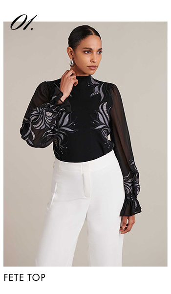 Black Knit Top With Sheer Silk Chiffon Sleeves & Silver Embroidery