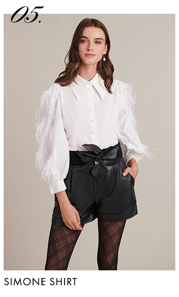 White Button Down Shirt Featuring Wrist Length Sleeves With Feathers & Pearls & Double Collar