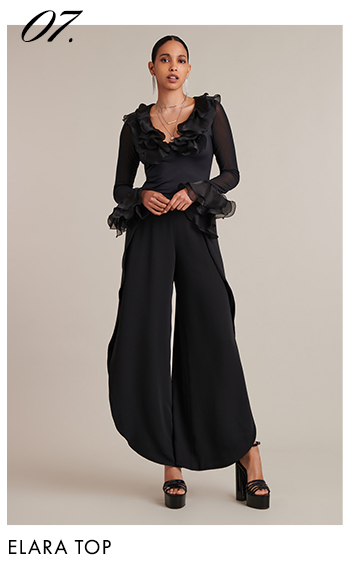 Black Fitted Body Pullover Shirt With Sheer Sleeves & Double Silk Neckline Ruffle