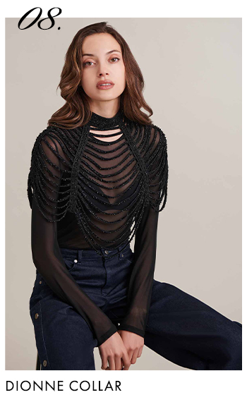 Black Mock Neck Collar With Stone Embellished Leather Strips