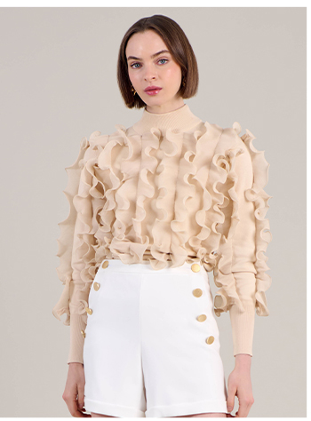 Long Sleeve Sweater with Pleated Ruffles in Sand