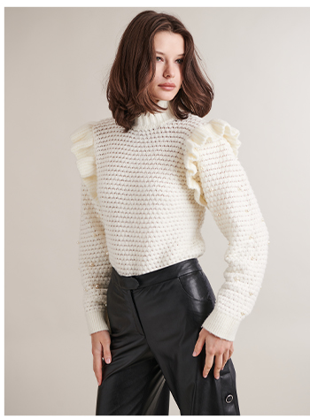 White Pullover Knit Top With Ruffles & Pearls
