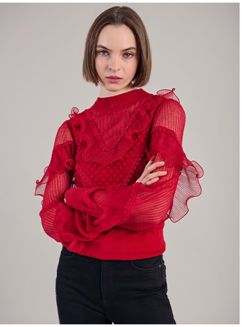 Long Sleeve Red Pullover Knit with Sheer Details and Cascading Ruffles