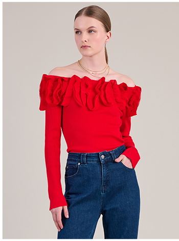 Long Sleeve Pullover Knit in Red with Embellished Ruffles