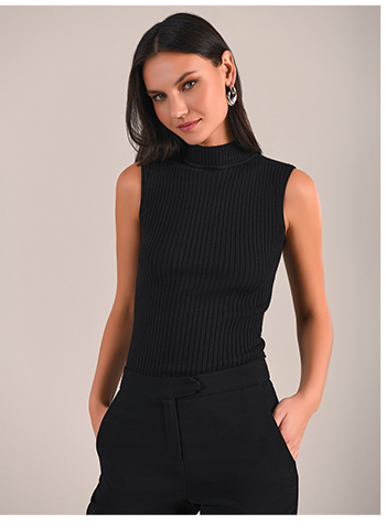 Sleeveless Black Knit Mockneck Turtleneck