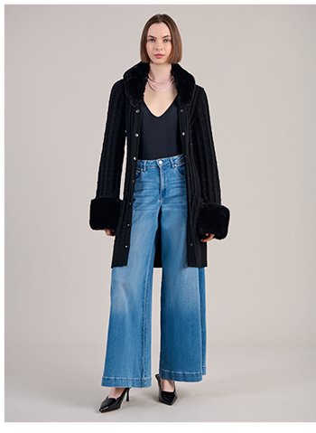 Black Long Length Wool Blend Cardigan With Velvet and Crystal Snaps