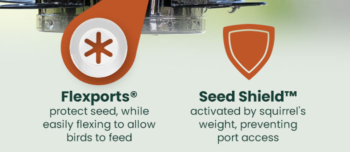 Flexports: protect seed, while easily flexing to allow birds to feed  Seed Shield: activated by squirrel's weight, preventing port access