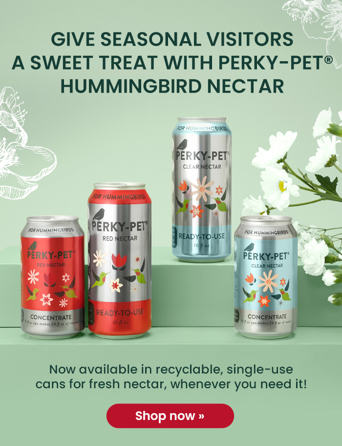 Give Seasonal Visitors a Sweet Treat with Perky-Pet Hummingbird Nectar
Now available in recyclable, single-use cans for fresh nectar, whenever you need it! | Shop Now 