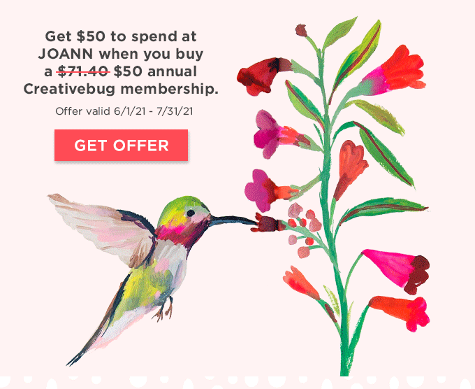Get $50 to spend at JOANN when you buy a $71.40 $50 annual Creativebug membership.