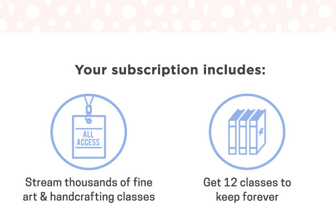 Your subscription includes: Thousands of fine art & handcrafting classes. New classes released every day. Downloadable patterns, templates and recipes to keep forever. Access to community galleries and forums.