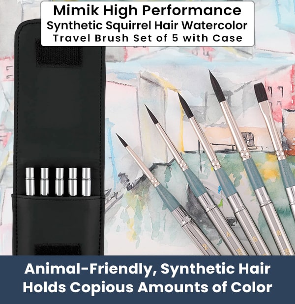 Mimik Synthetic Squirrel Travel Pocket Watercolor, Brush Set of 5 w/ Case