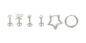 Multi-Pack CZ Star Cartilage Barbells and Huggie Hoop Earrings - 6 Pack