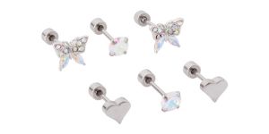 Multi-Pack CZ Butterfly and Heart Stud Earrings 3 Pack - 20 Gauge