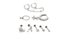 Multi-Pack CZ Silvertone Double Hoop and Stud Cartilage Earrings - 8 Pack