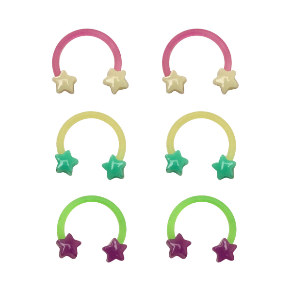 Multi-Pack Star Glow In The Dark Horseshoe Rings 3 Pair - 16 Gauge