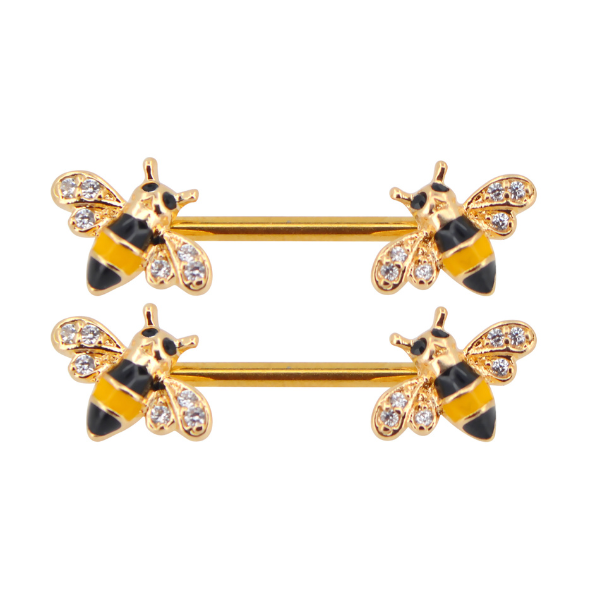 Goldtone Bumblebee CZ Nipple Barbell – 14 Gauge