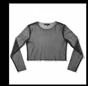 Gray Rhinestone Mesh Long Sleeve Crop Top