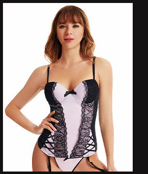 Black and Pink Lace Bow Corset Set
