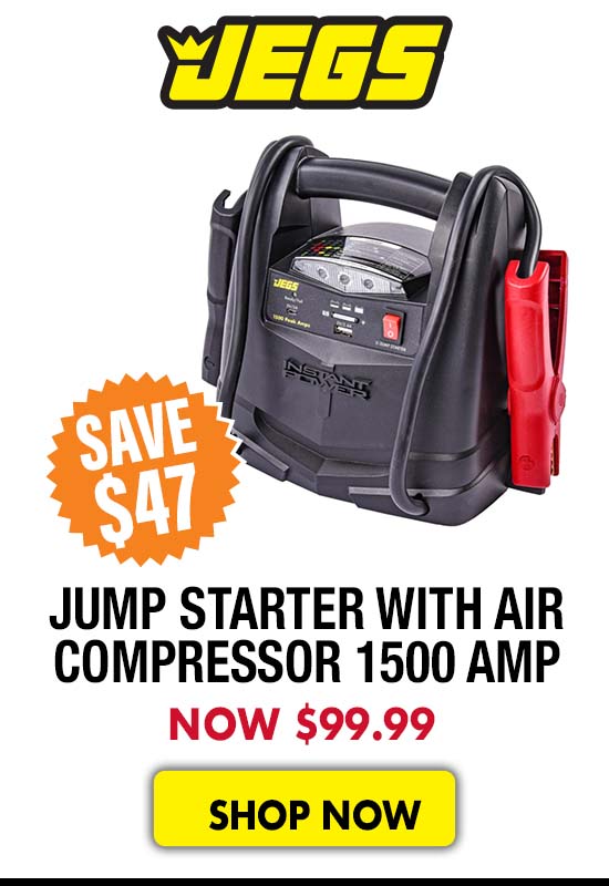 JEGS Jump Starter with Air Compressor 1500 Peak Amp - Now $99.99