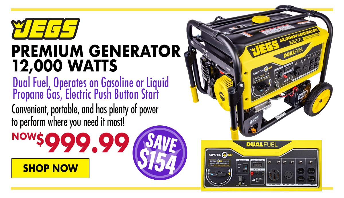 JEGS 12,000 Watts Premium Generator, Dual Fuel, Operates on Gasoline or Liquid Propane Gas, Electric Push Button Start - Now $999.99