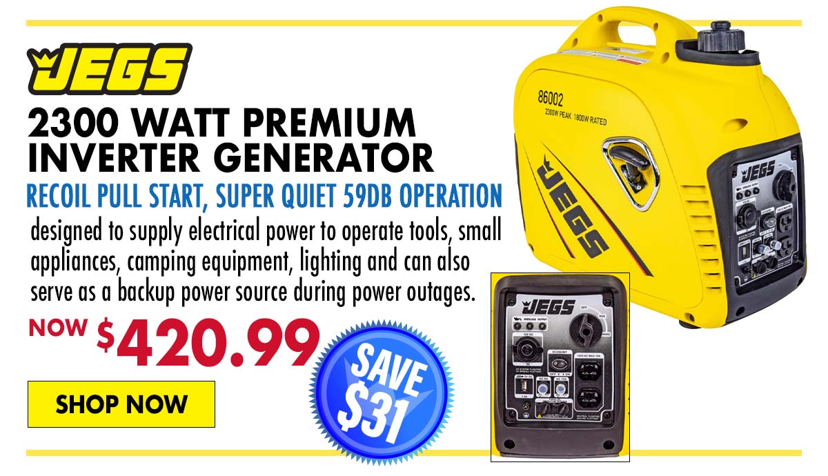 JEGS 2300 Watt Premium Inverter Generator - Recoil Pull Start, Super Quiet 59db Operation - Now $420.99