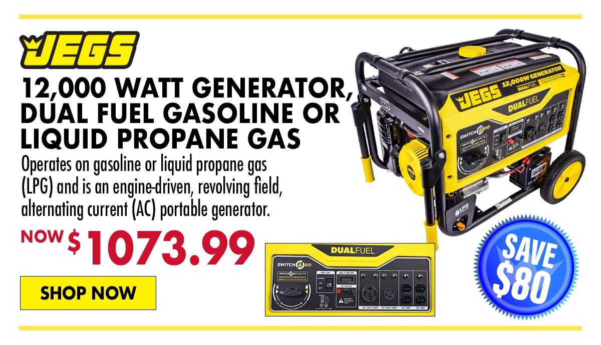 JEGS 12,000 Watt Generator, Dual Fuel Gasoline or Liquid Propane Gas - Now $1,073.99