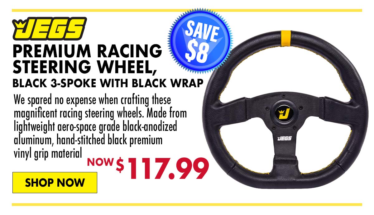 JEGS Premium Racing Steering Wheel, Black 3-Spoke with Black Wrap - Now $117.99