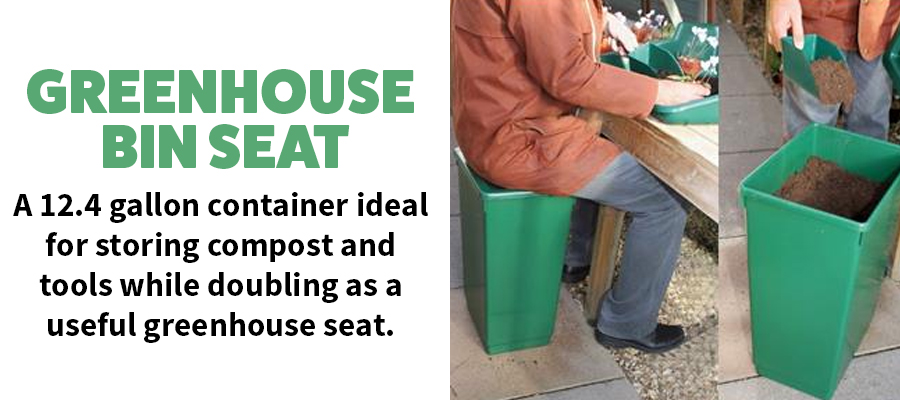 A 12.4 Gallon container ideal for storing compost and tools while doubling as a useful greenhouse seat