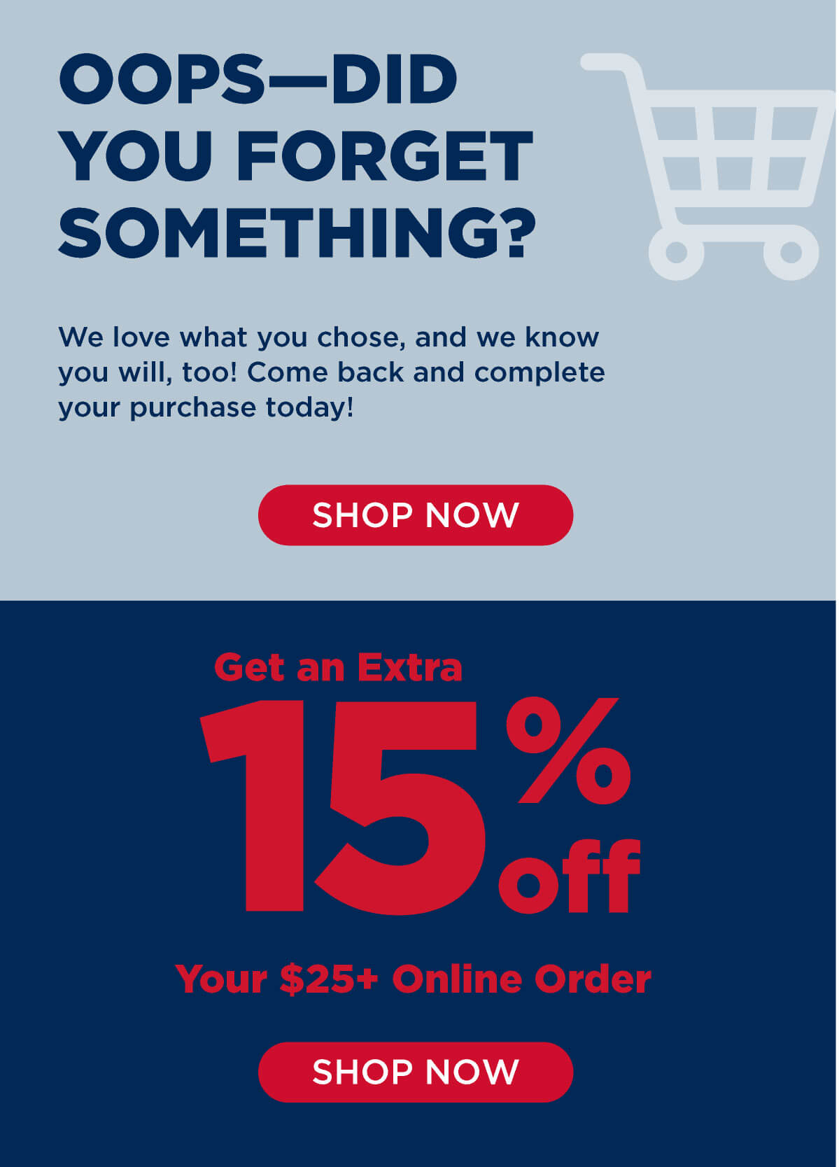 Oops - Did You Forget Something? Get an EXTRA 15% OFF your $25 online order! Come back and complete your purchase today! Shop Now.