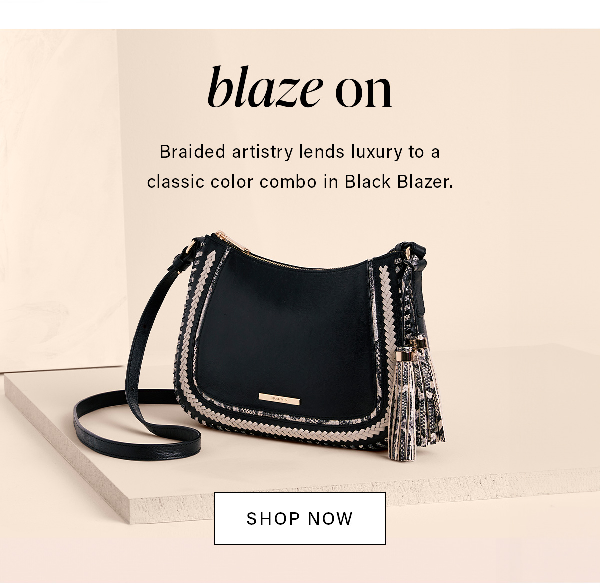 blaze on Braided artistry lends luxury to a classic color combo in Black Blazer. SHOP NOW