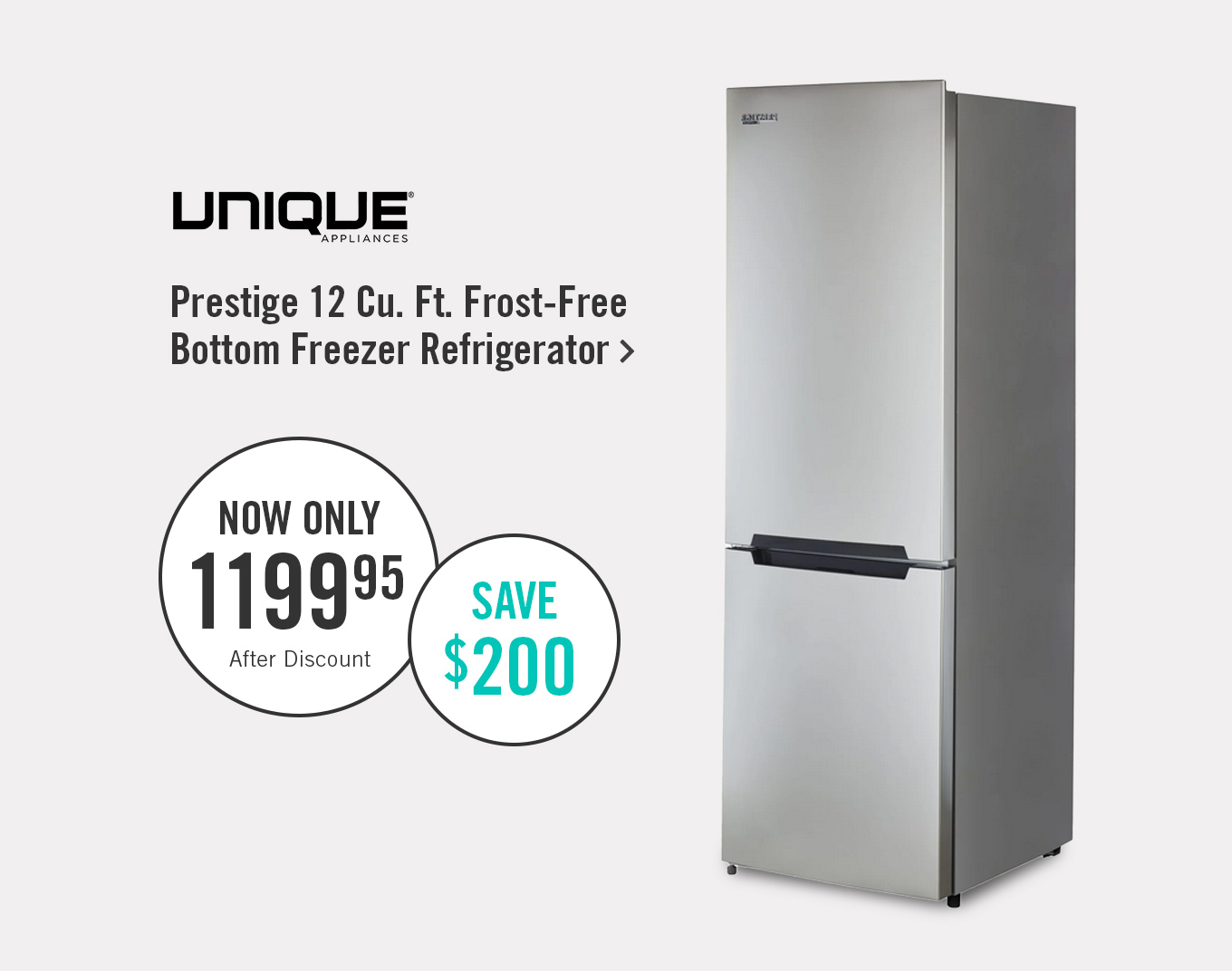Unique Appliances Prestige 12 Cubic foot bottom freezer refrigerator.