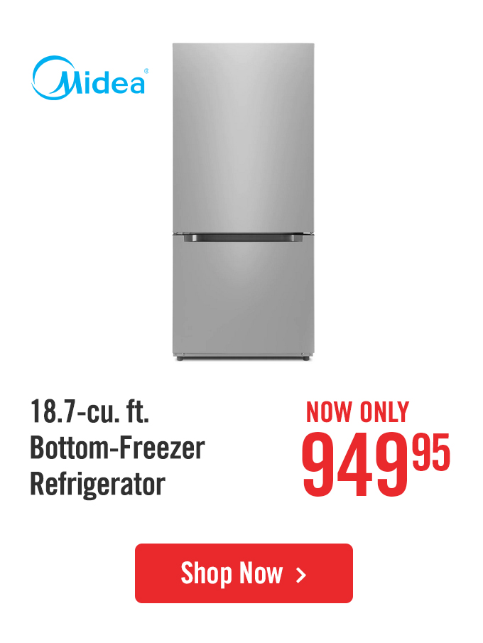 Midea 18.7 cubic foot bottom-freezer refrigerator.