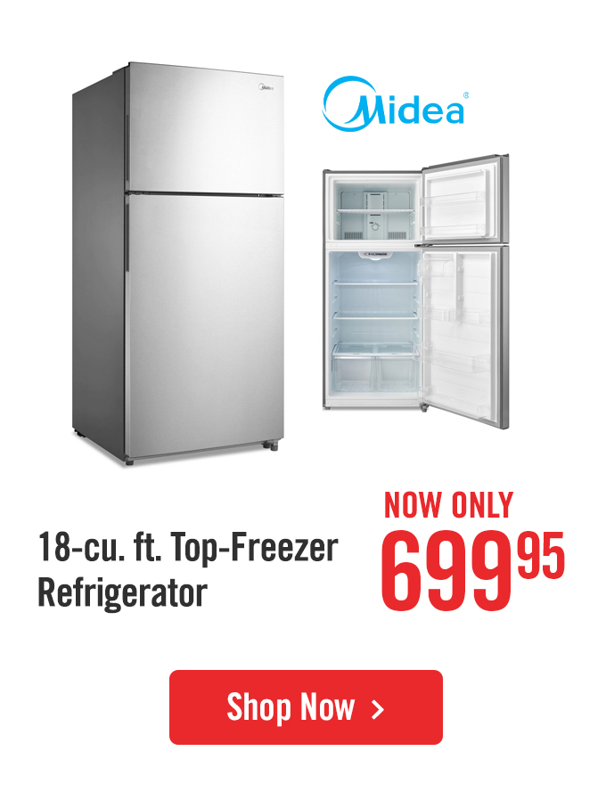 Midea 18 cubic foot top-freezer refrigerator.