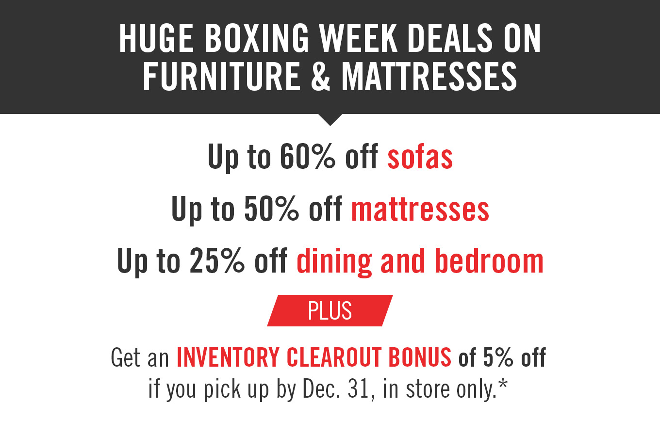 Huge Boxing Week deals on furniture and mattresses.