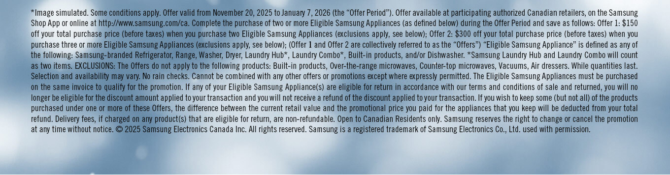 Save $300 when you buy 3 eligible Samsung appliances or more.