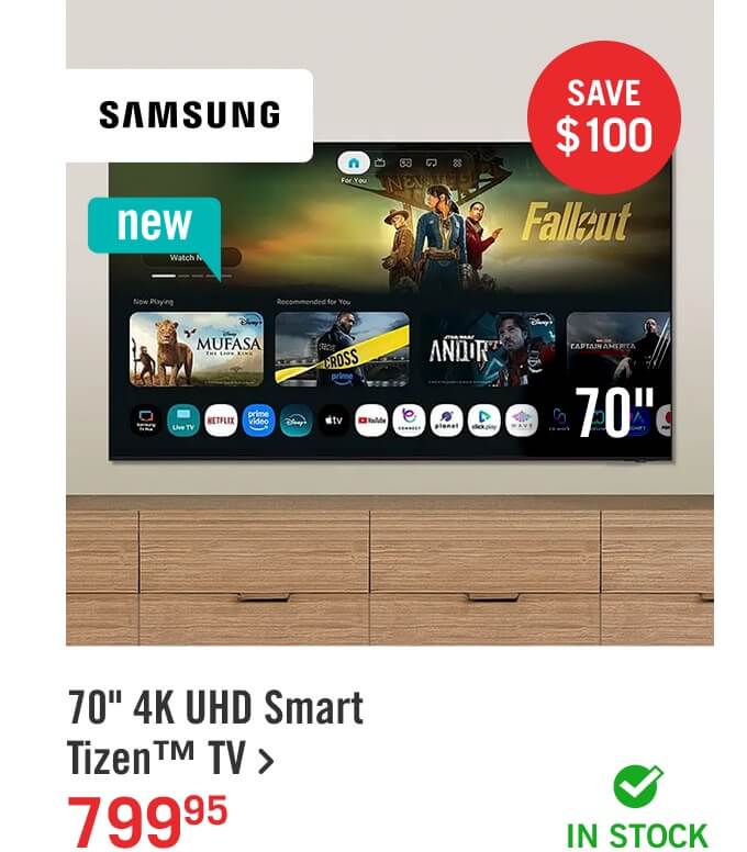 70" 4K UHD Smart Tizen&trade; TV.