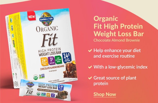 Organic Fit High Protein Weight Loss Bar, Chocolate Almond Brownie. Shop Now