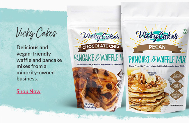 Delicious and vegan-friendly waffle and pancake mixes from a minority-owned business by Vicky Cakes.
