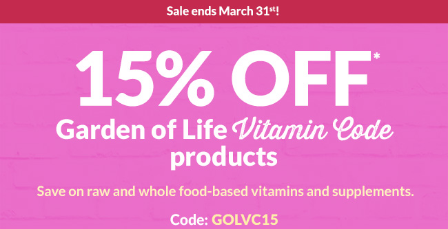 15% OFF* Garden of Life Vitamin Code products. Save on raw and whole food-based vitamins and supplements.