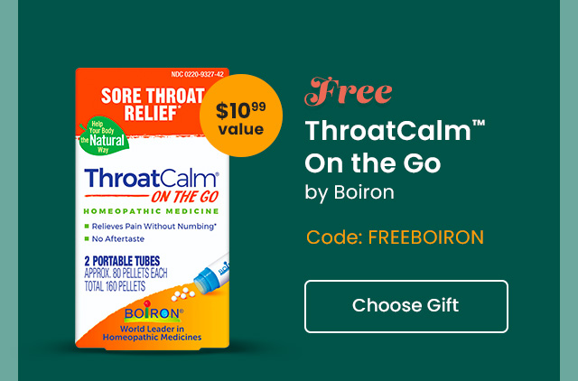 Free Throatcalm™ On The Go by Boiron. $10.99 value. Code: FREEBOIRON. Choose Gift.