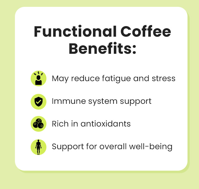 Functional Coffee benefits: May reduce fatigue and stress. Immune system support. Rich in antioxidants. Support for overall well-being.