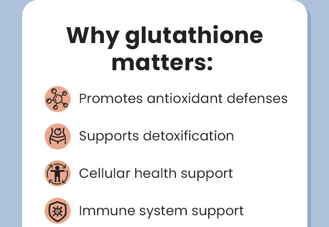 Why glutathione matters: Promotes antioxidant defenses. Supports detoxification. Cellular health support. Immune system support.