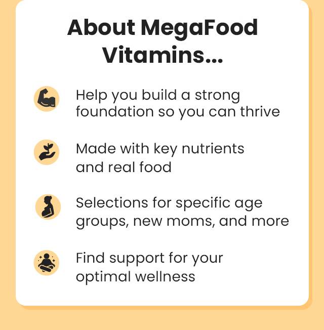 About MegaFood Vitamins... Help you build a strong foundation so you can thrive. Made with key nutrients and real food. Selections for specific age groups, new moms, and more. Find support for your optimal wellness.