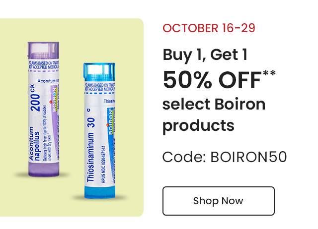 Boiron: Buy 1, Get 1 50% off** select Boiron products. Code: BOIRON50. 2 WEEKS ONLY! October 16–29. Shop Now.