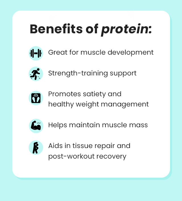 Benefits of protein: Great for muscle development. Strength-training support. Promotes satiety and healthy weight management. Helps maintain muscle mass. Aids in tissue repair and post-workout recovery.
