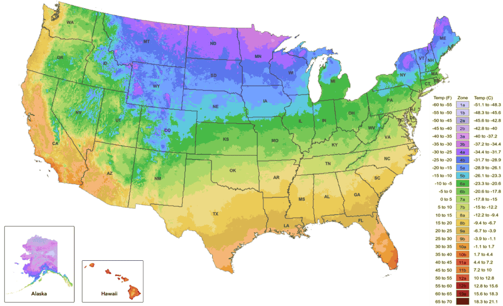 USDA Map of the United States that shows plant hardiness zones