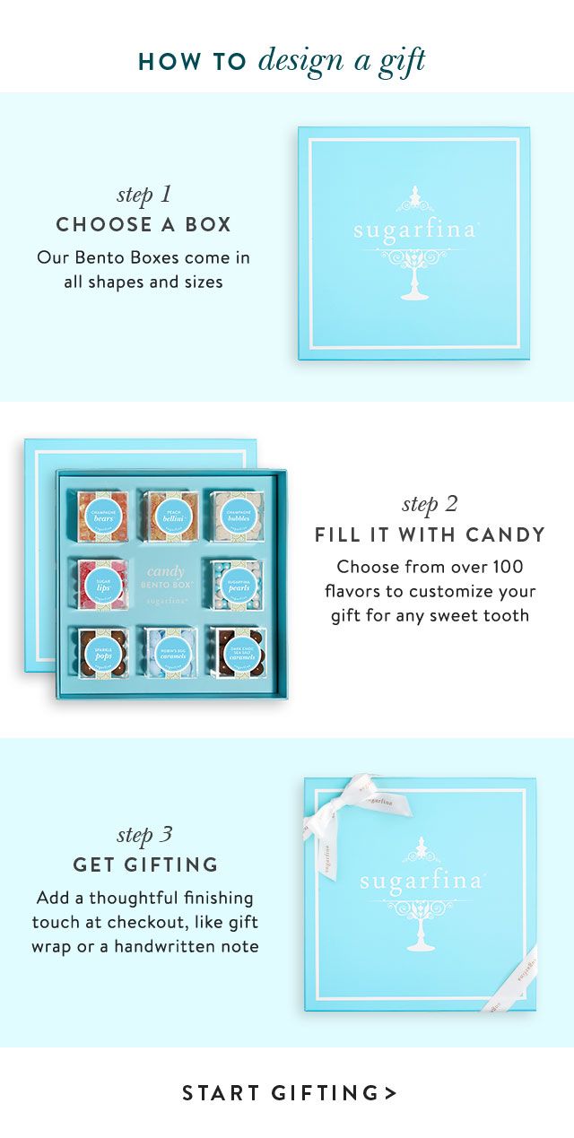 How to design a gift. Choose a box, fill it with candy & choose from over 100 flavors to customize your gift for any sweet tooth. Get gifting and add a thoughtful finishing touch at checkout.
